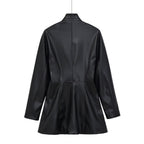 Women's tailored double-breasted faux leather midi coat with shawl collar and patch pockets Fashion Glam