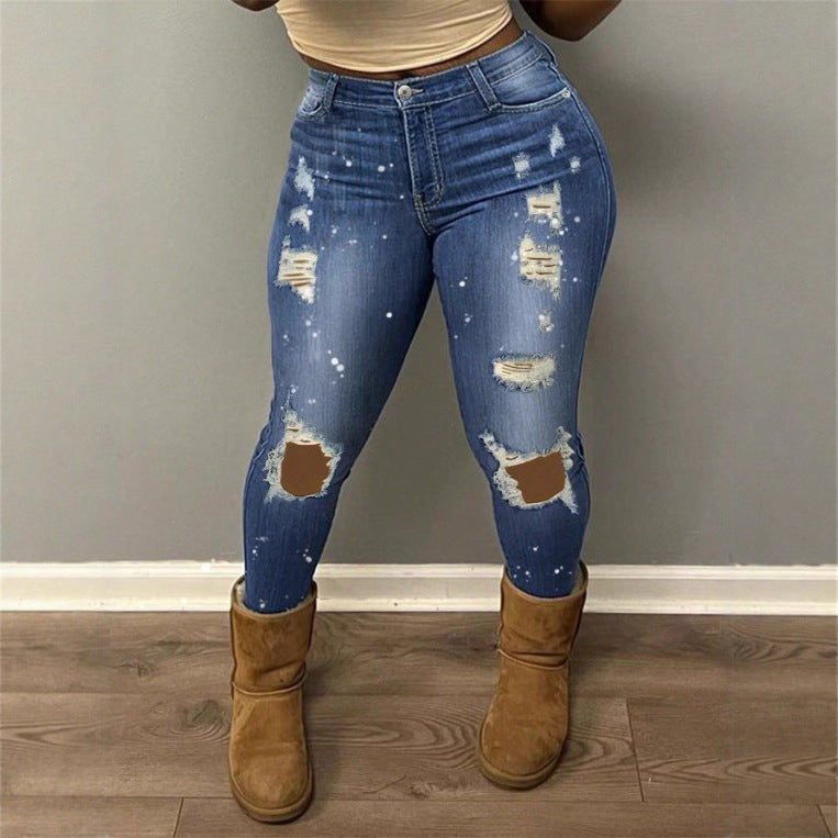 Women's high-waisted skinny super stretch jeans with used knee rips and paint splatter Fashion Glam
