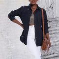 Women Oversize Denim Shirt Jacket with Used Effects and Raw Hem Fashion Glam