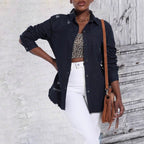 Women Oversize Denim Shirt Jacket with Used Effects and Raw Hem Fashion Glam