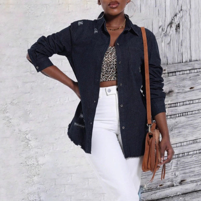Women Oversize Denim Shirt Jacket with Used Effects and Raw Hem Fashion Glam