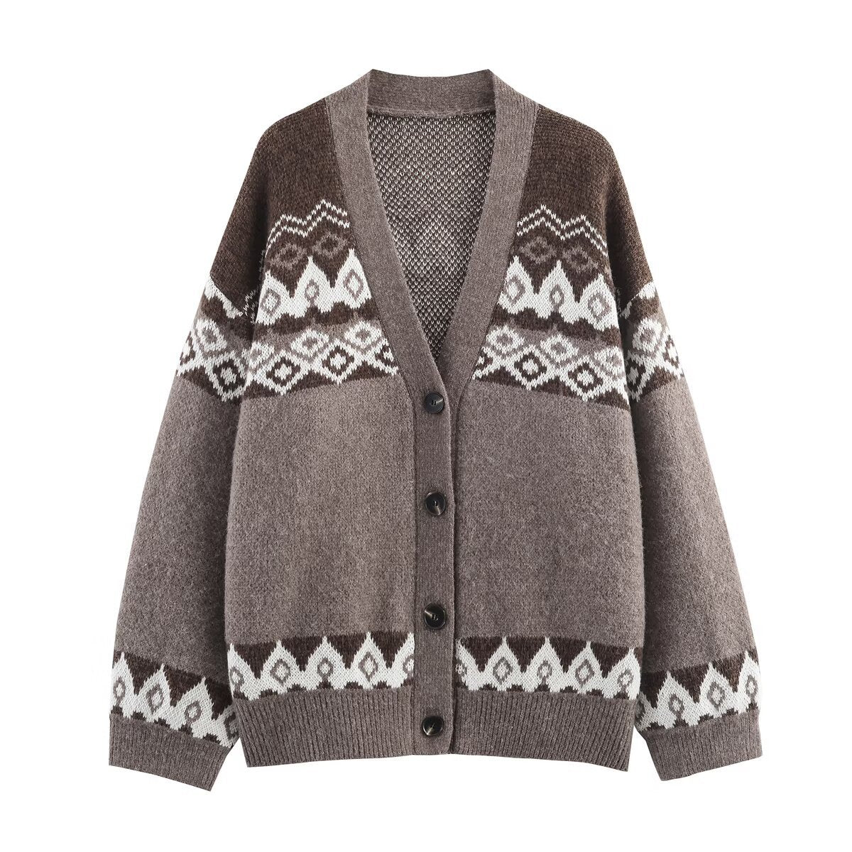 Women's Oversized Knit Cardigan with Jacquard Pattern and V-Neck Fashion Glam