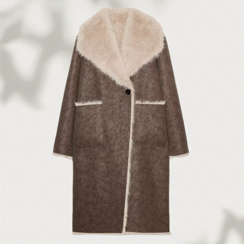 Women's Long Faux Fur Shearling Coat with Oversized Shawl Collar and Patch Pockets Fashion Glam