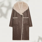 Women's Long Faux Fur Shearling Coat with Oversized Shawl Collar and Patch Pockets Fashion Glam