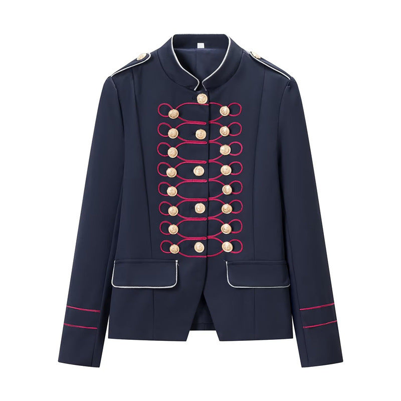 Women’s military-inspired parade jacket with stand-up collar and decorative button placket Fashion Glam