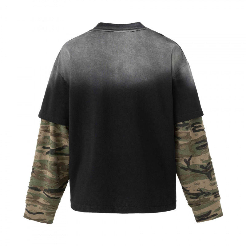 Unisex Oversize Layering Shirt with camouflage sleeves, vintage graphic and destroy details Fashion Glam
