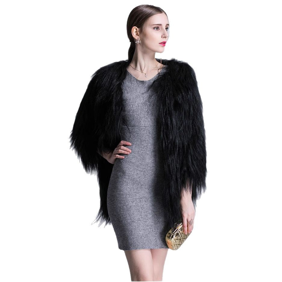 Women Long-Pile Faux Fur Coat with Open Front and Elegant Silhouette Fashion Glam