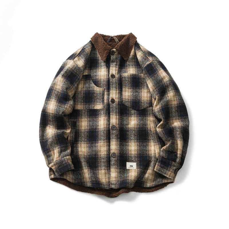 Unisex Checked Overshirt Jacket with Teddy Fleece Lining, Patch Chest Pockets and Shirt Collar Fashion Glam