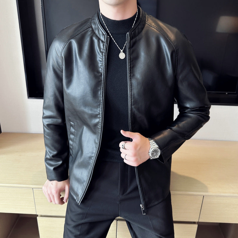 Men Slim Faux Leather Blouson with Stand-Up Collar and Concealed Zip Fashion Glam
