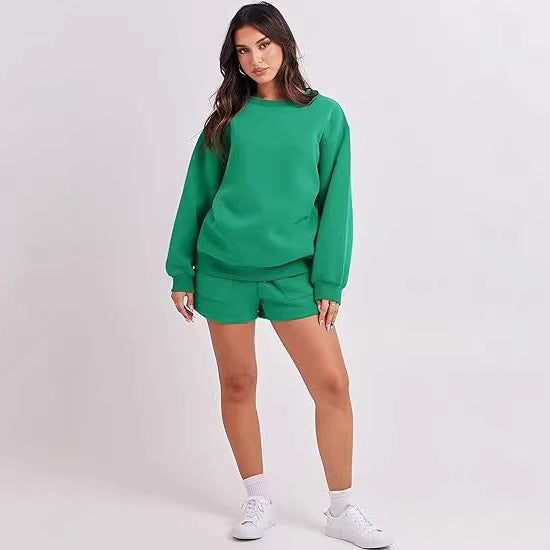Women's Casual Two-Piece Lounge Sweatset with Oversized Round Neck Sweatshirt and High-Waist Relax Shorts Fashion Glam