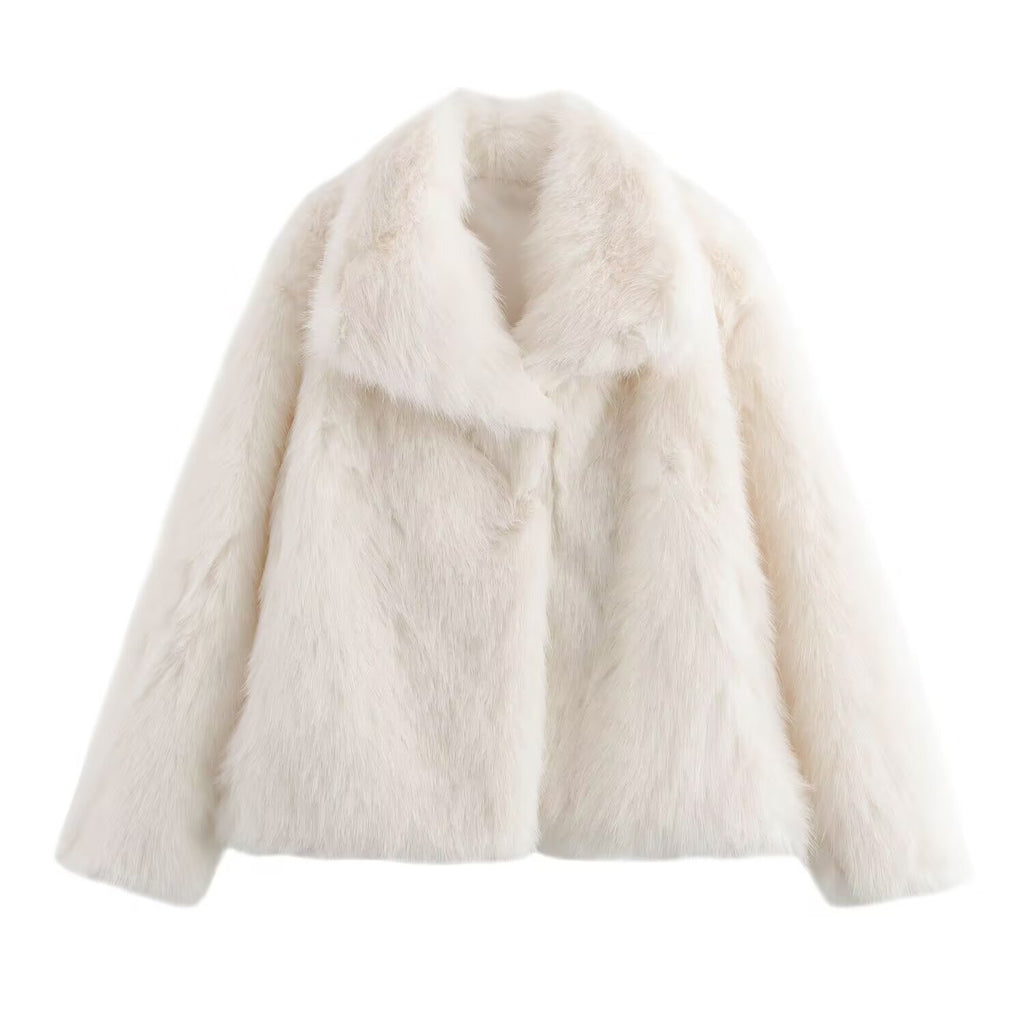 Women short cut boxy faux fur coat with shawl collar Fashion Glam