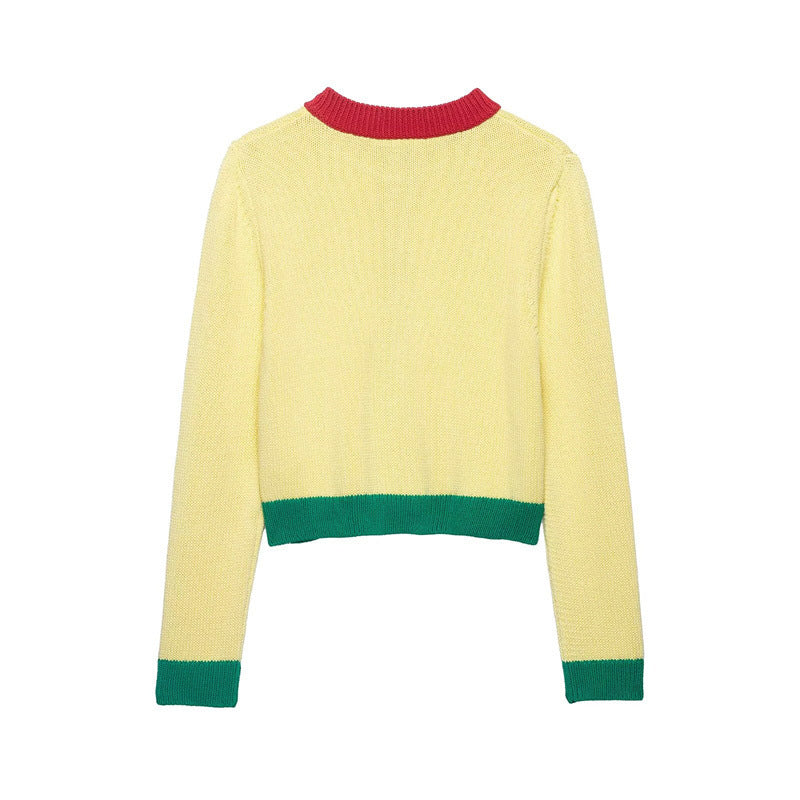 Women Short Chunky Knit Cardigan with Contrast Trims and Decorative Flap Pockets Fashion Glam