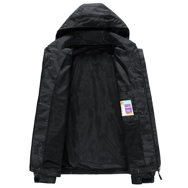 Men's technical waterproof hooded jacket with graphic camouflage print, zippered pockets, and adjustable hem Fashion Glam