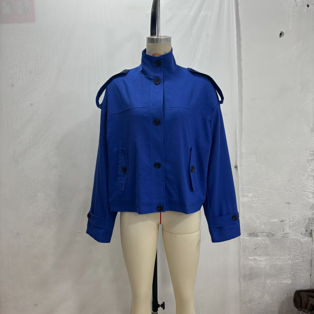 Women's Boxy-Cropped Jacket with Stand Collar Shoulder Patches and Flap Pockets Fashion Glam