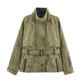 Women Short Cord Trench Coat with Waist Belt, Cape Detail and Stand Collar Fashion Glam