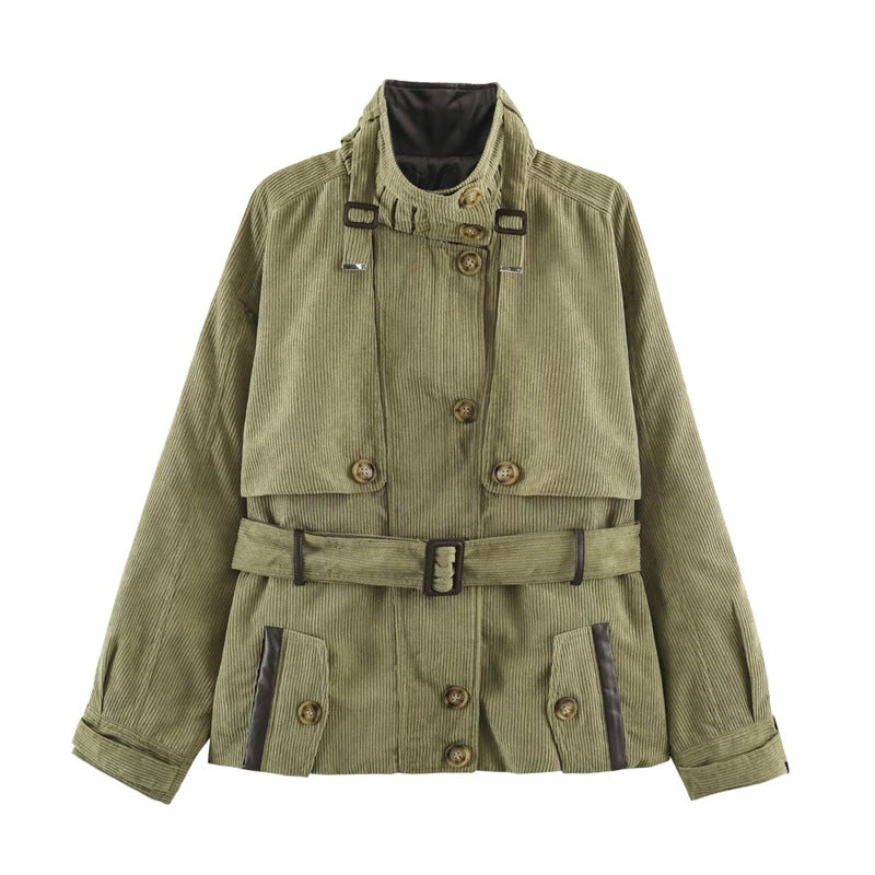 Women Short Cord Trench Coat with Waist Belt, Cape Detail and Stand Collar Fashion Glam