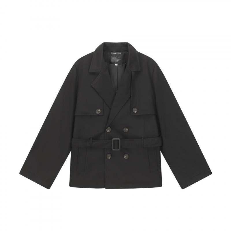 Unisex Short Double Blouson Trench Coat with Waist Belt and Boxy Silhouette Fashion Glam