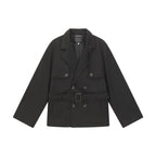 Unisex Short Double Blouson Trench Coat with Waist Belt and Boxy Silhouette Fashion Glam