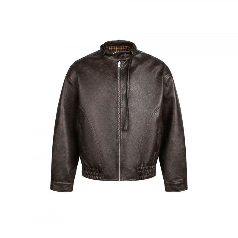 Men's leather bomber jacket with stand-up collar and elastic hem Fashion Glam