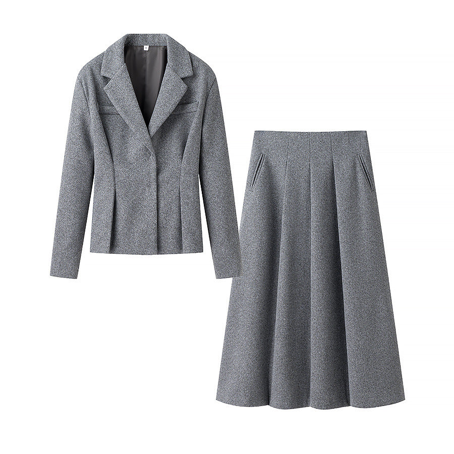 Women's Tailored Wool Blend Suit with Short Blazer and Pleat-Like Midi Skirt Fashion Glam