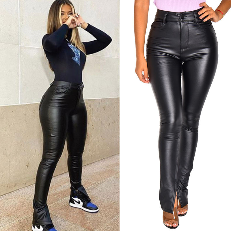 Women's High-Waist Skinny Faux Leather Pants with Front Slit Fashion Glam
