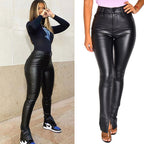 Women's High-Waist Skinny Faux Leather Pants with Front Slit Fashion Glam