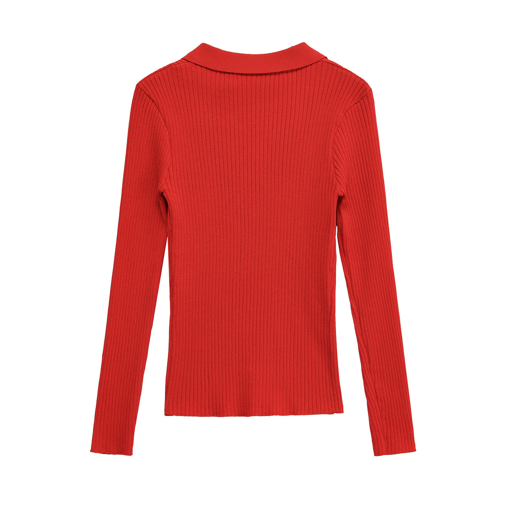 Women Ribbed Fine Knit Polo with Deep V-Neck and Chest Pockets Fashion Glam