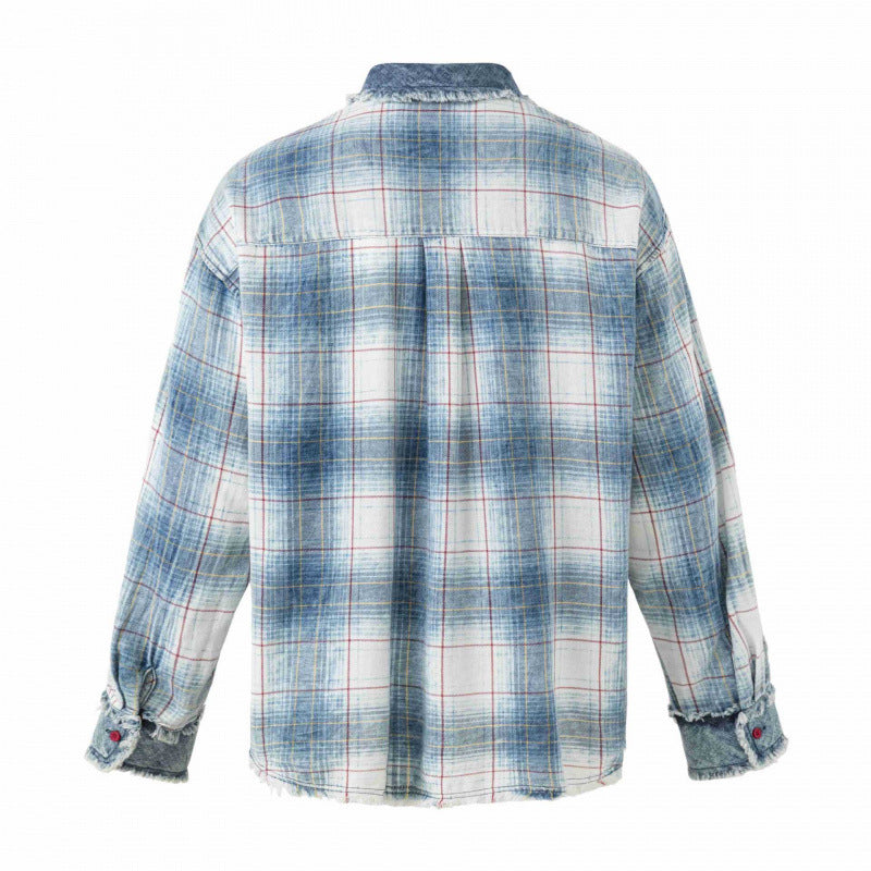 Unisex Checked Overshirt in Used Look with Fringes, Denim Collar and Patch Chest Pocket Fashion Glam