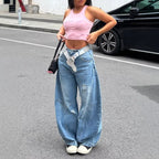 Women's Baggy Denim Pants with distinctive seam panels and extra wide Wide-Leg Fashion Glam