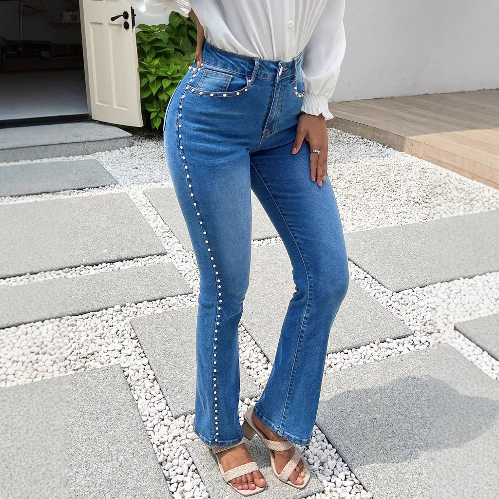 Ladies high-waisted slim jeans with pearl details on pockets and side seams Fashion Glam