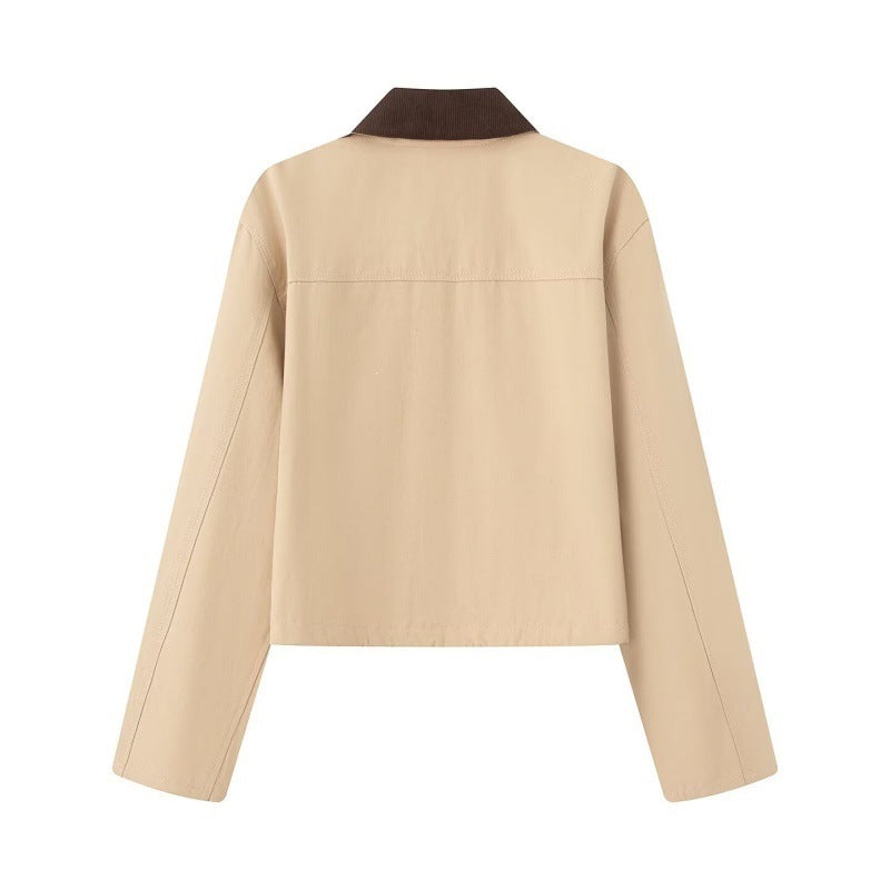 Women's Cropped Workwear Jacket with Cord Collar, Press Buttons and Drawstring Fashion Glam