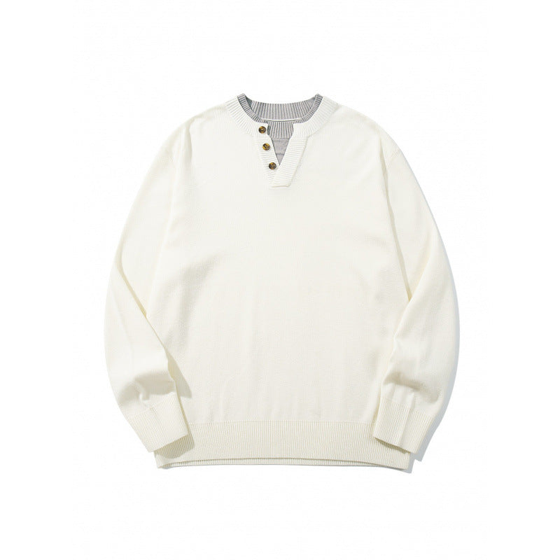 Unisex knit sweater with Henley button placket, contrast collar and boxy cut Fashion Glam
