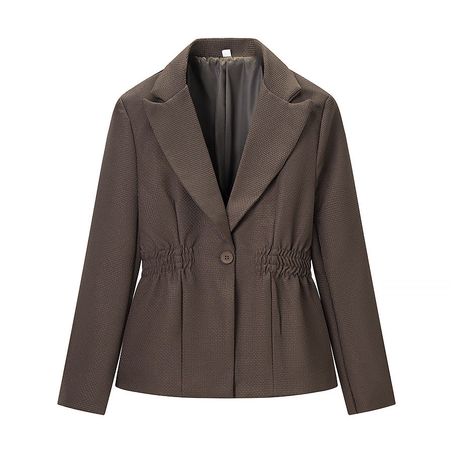 Women Tailored Structured Single-Button Blazer with Gathered Waist and Light Padding Fashion Glam
