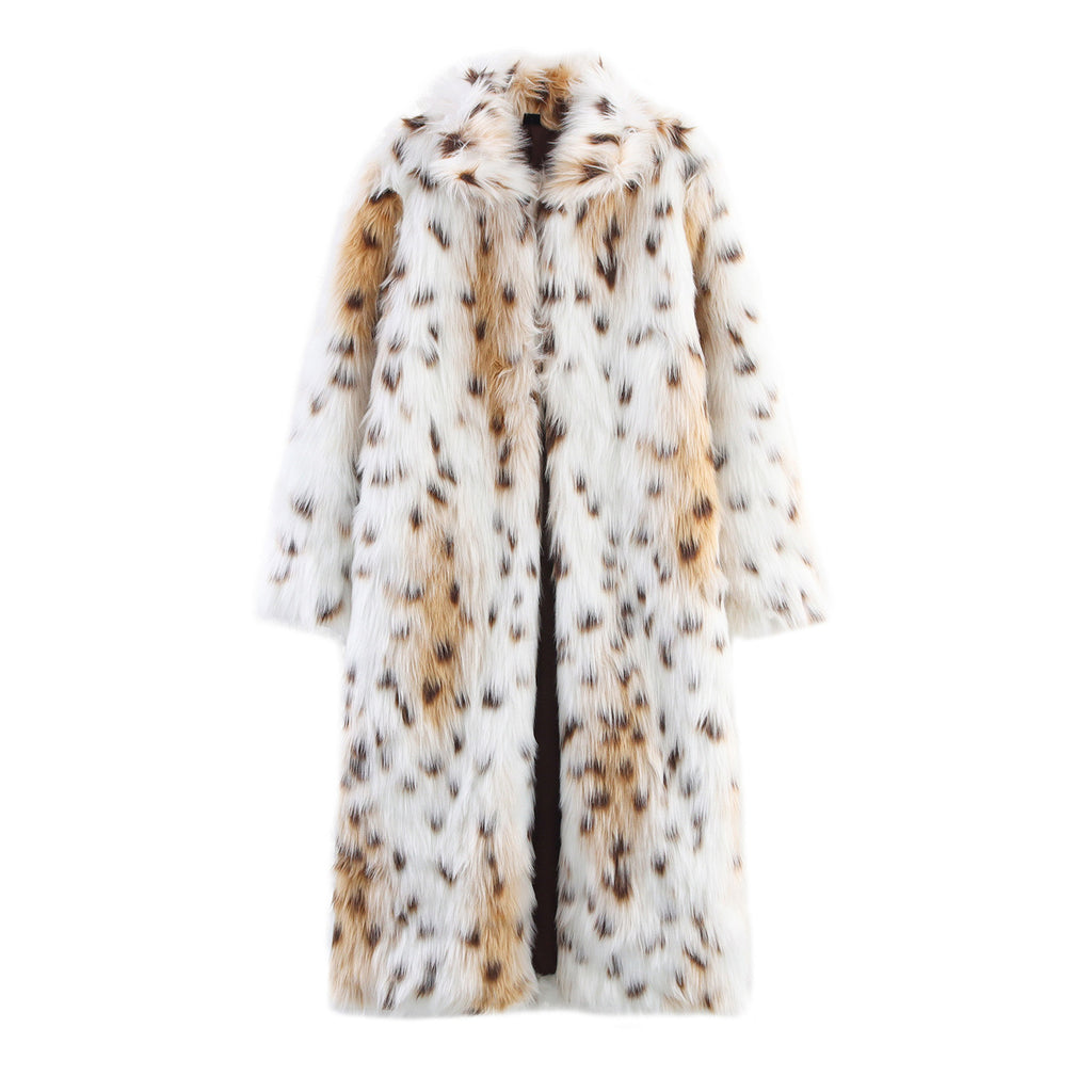 Women's Long Oversized Faux Fur Coat with Spotted Wildcat Print and Stand Collar Fashion Glam