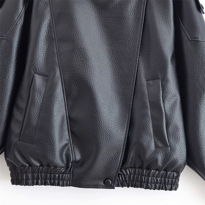 Women's faux leather crossover jacket in bomber style with high stand-up collar Fashion Glam