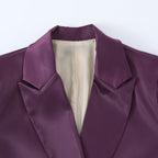 Women's Double-Breasted Satin Blazer with Notched Lapels and Flap Pockets Fashion Glam