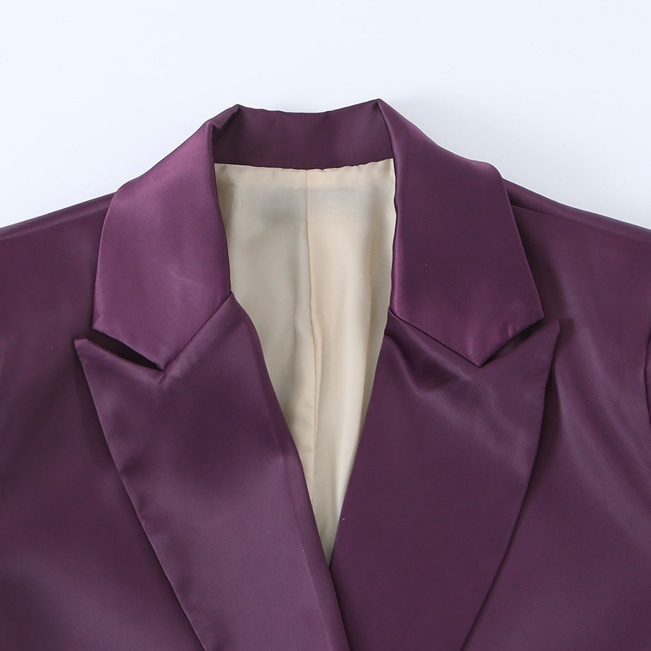 Women's Double-Breasted Satin Blazer with Notched Lapels and Flap Pockets Fashion Glam