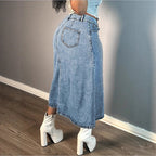 Women A-line denim mid-skirt with high-waisted waistband and continuous button placket Fashion Glam