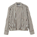Women's Striped Blouson Shirt Blouse with Stand Collar, Shoulder Epaulettes, and Elastic Hem Fashion Glam