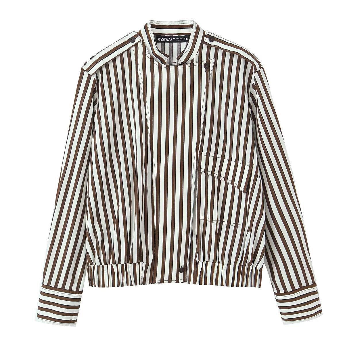 Women's Striped Blouson Shirt Blouse with Stand Collar, Shoulder Epaulettes, and Elastic Hem Fashion Glam