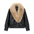 Women Quilted Leather Look Blouson with Voluminous Fur Collar Fashion Glam
