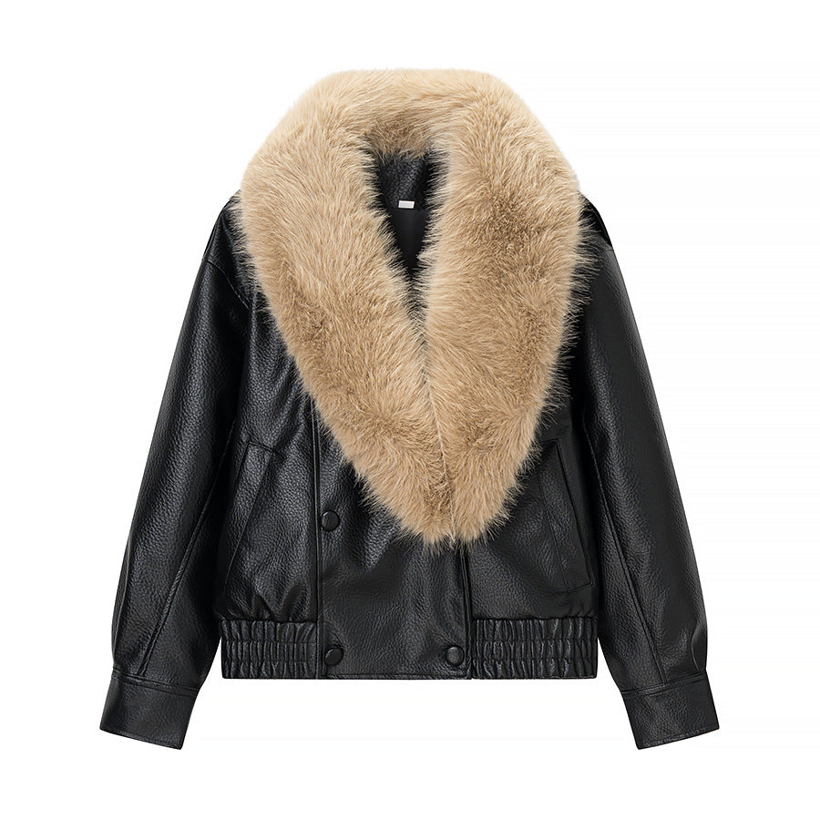 Women Quilted Leather Look Blouson with Voluminous Fur Collar Fashion Glam