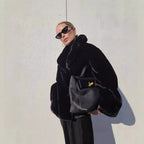 Women's short coat made of vegan high-pile with voluminous shawl collar and boxy silhouette Fashion Glam