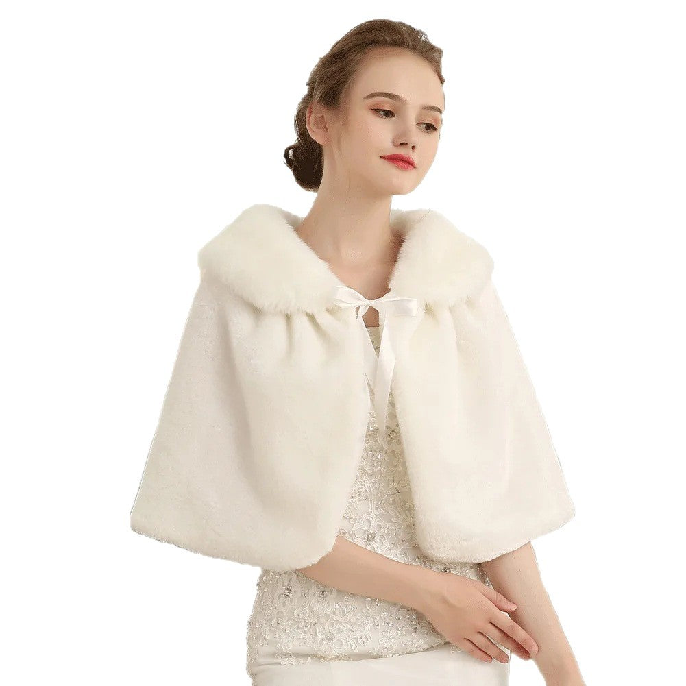 Women's Elegant Faux Fur Capelet with Bow Closure and Wide Overlapping Collar Fashion Glam