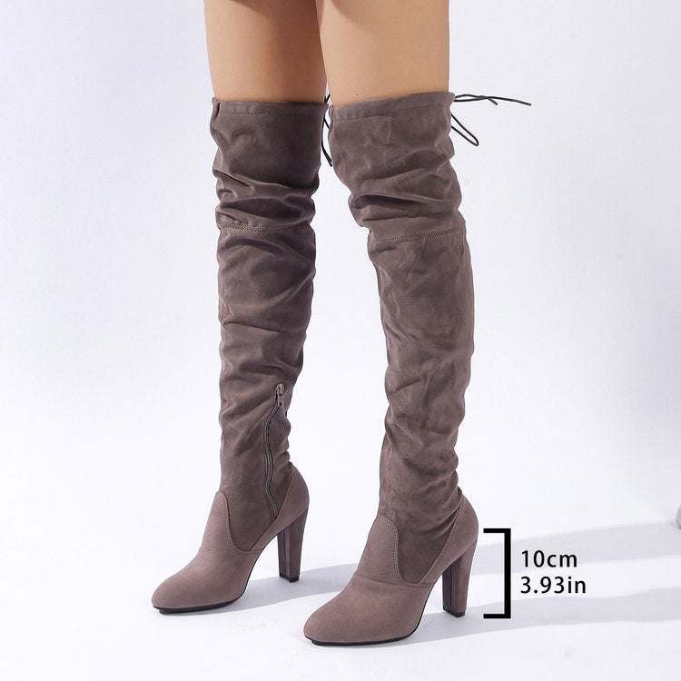 Women's Over-the-Knee Boots made of Suede with High Block Heel and Side Zipper Fashion Glam