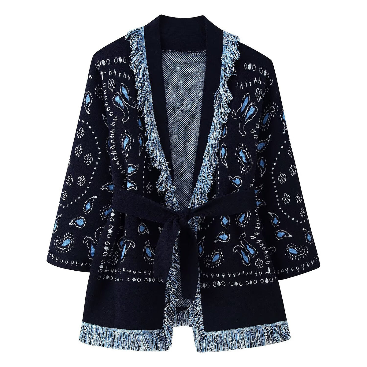 Women Fringe Kimono Cardigan with Paisley Jacquard and Tied Belt Fashion Glam