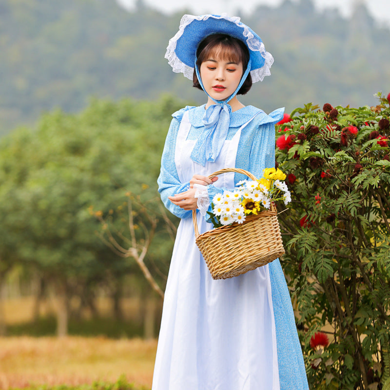 Women's Vintage Farmer Dress with Romantic Ruffles and Matching Hat Fashion Glam