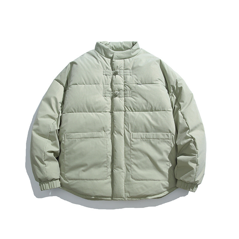 Unisex Boxy padded stand-up collar jacket with Chinese toggle closures and large front pockets Fashion Glam