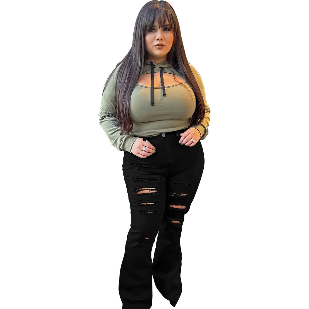 Women's High-Waist Flared Pants in Stretch Denim with Multiple Destroyed Effect Fashion Glam