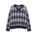 Women's Argyle V-Neck Knitted Sweater with Diamond Pattern Fashion Glam